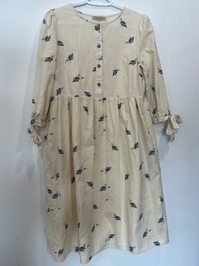 Polagram Cream Dress with Navy Floral Print Boho Hippie 100% cotton